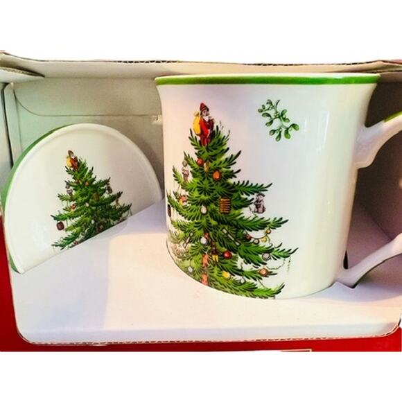 Spode Christmas Tree Mug & Coaster Set-New in Box-Holiday-Ceramic Tea Coffee - Picture 4 of 4